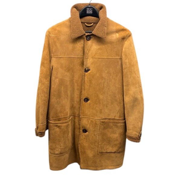 Vintage Salvatore Ferragamo Men’s 52 Brown Leather Shearling Long Jacket Coat - Picture 1 of 16